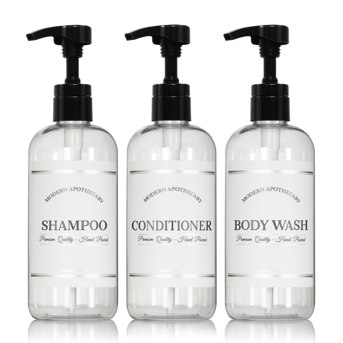 Artanis Home clear 16 oz bottles with pumps for organized shower storage.