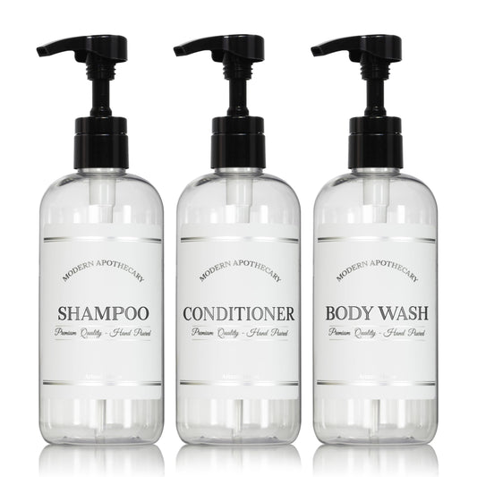 Artanis Home clear 16 oz bottles with pumps for organized shower storage.