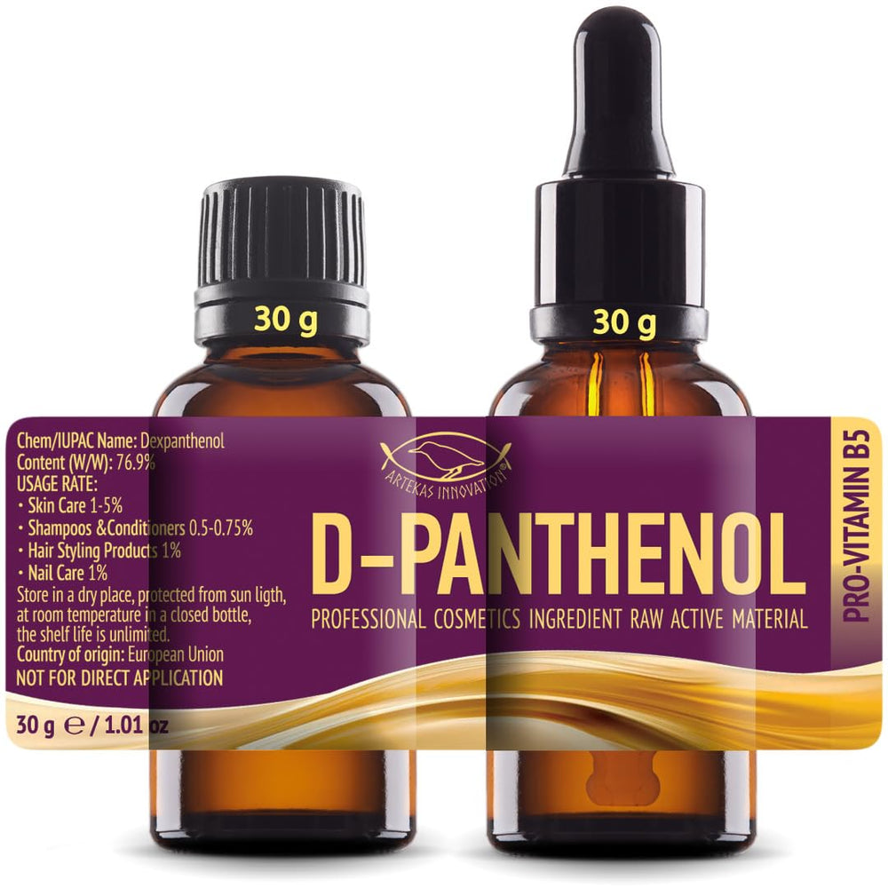 Artekas Innovation D-Panthenol 76.9% bottle pour demonstrates premium cosmetic-grade concentrate for DIY serums.
