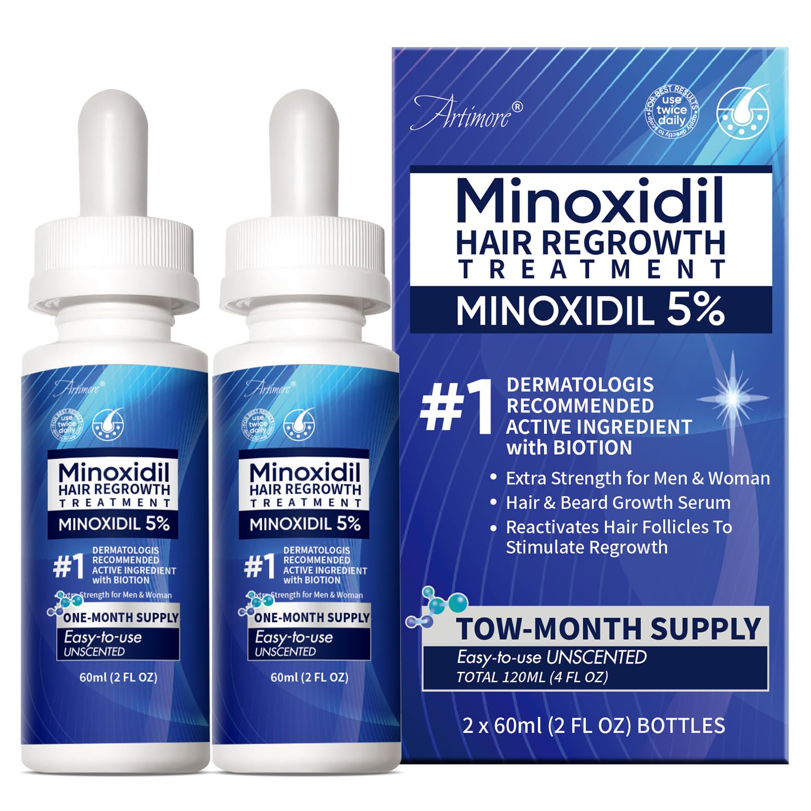 Artimore 5% Minoxidil bottle with dropper for precise scalp application