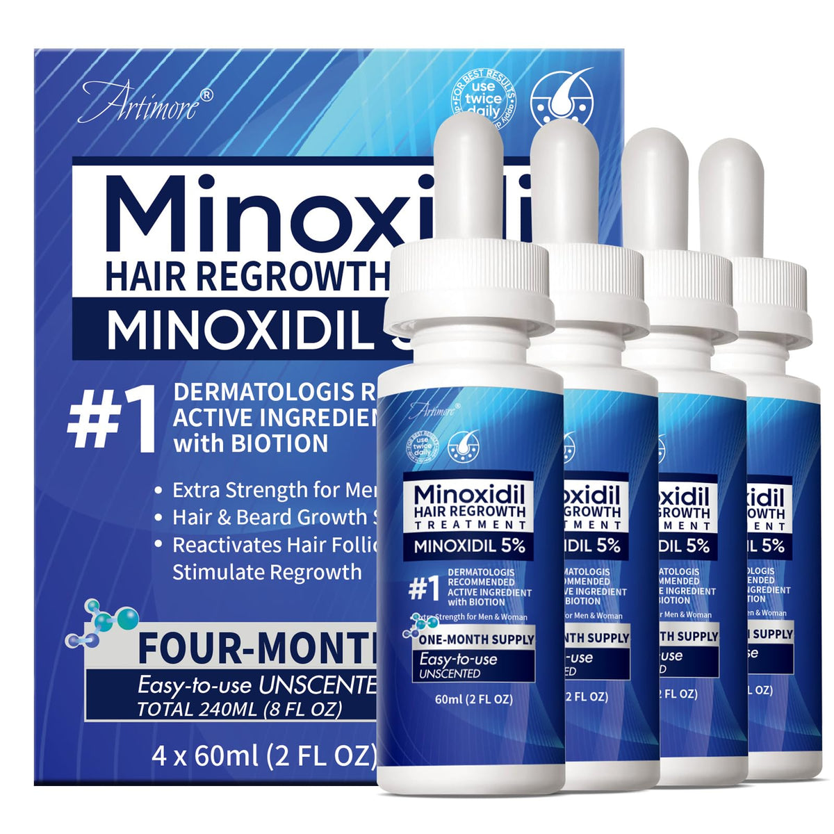 Artimore Minoxidil 5% bottle and dropper for precise scalp application.