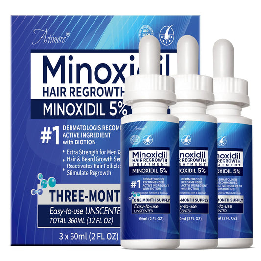 Artimore 5% Minoxidil serum bottle for daily scalp application to support hair regrowth.