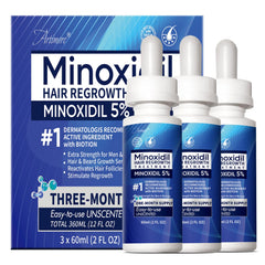 Artimore 5% Minoxidil serum bottle for daily scalp application to support hair regrowth.