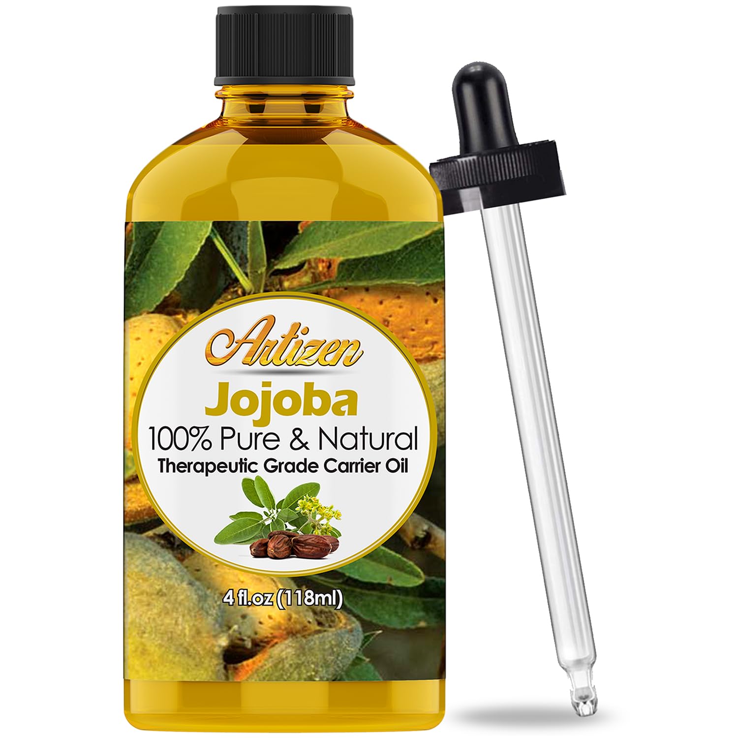 Artizen Jojoba Oil 4oz bottle in hand, silky hydration for skin and hair.