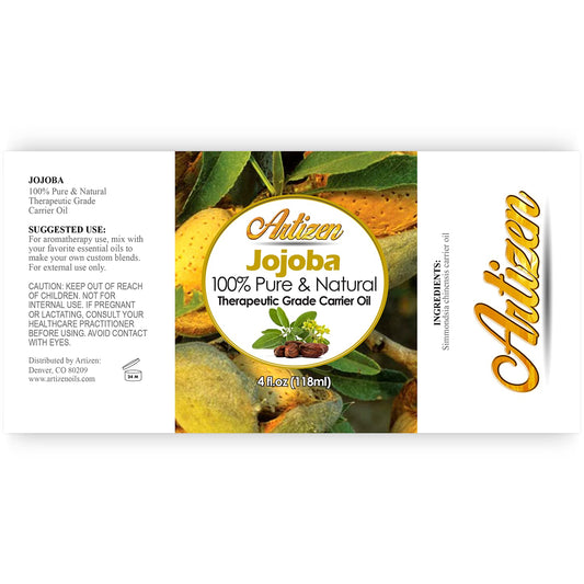 Artizen Jojoba Oil bottle closeup, pure undiluted formula for skin and hair care.