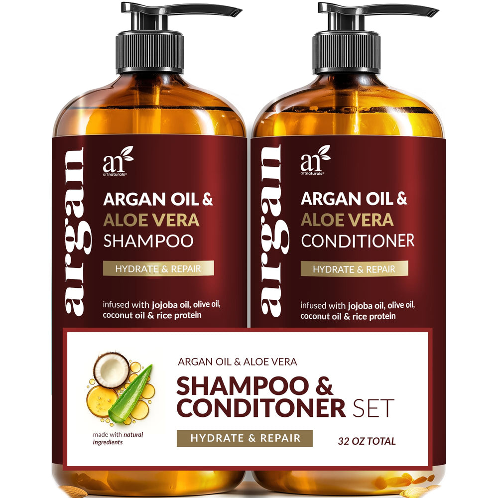 Artnaturals argan oil shampoo bottle highlights nourishment for all hair types.