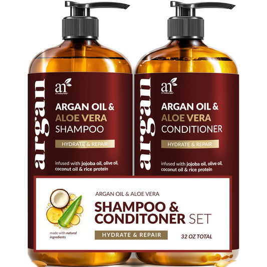 Artnaturals argan oil shampoo bottle highlights nourishment for all hair types.