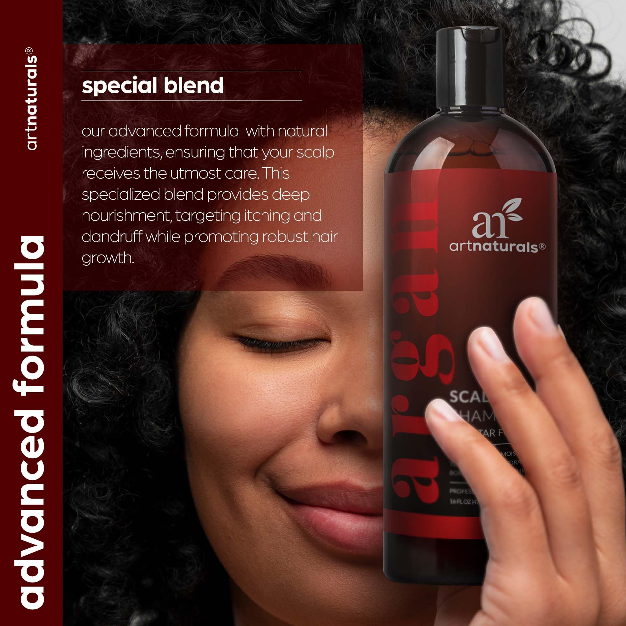 ArtNaturals shampoo used on dry, damaged hair for moisture and shine.