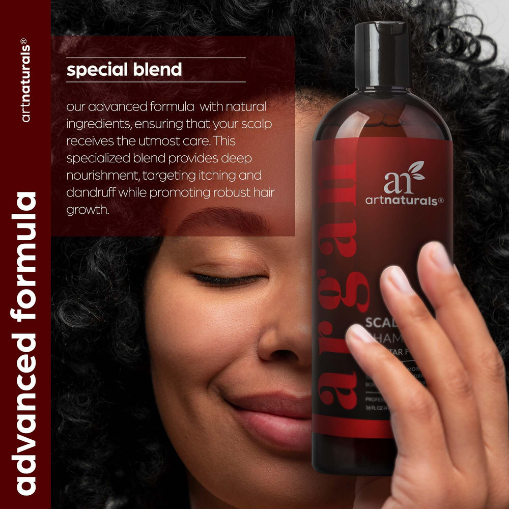 ArtNaturals shampoo used on dry, damaged hair for moisture and shine.