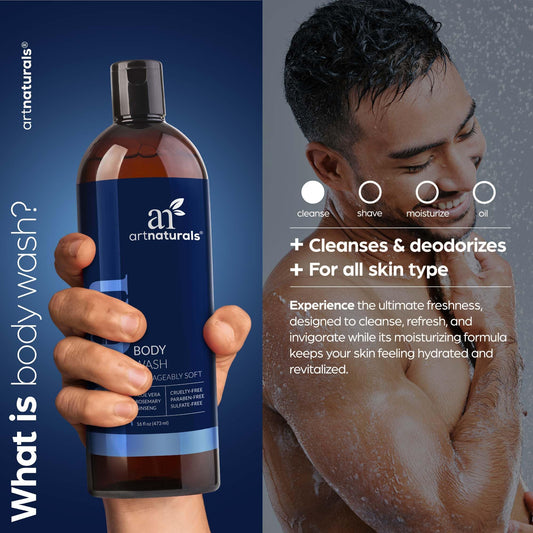 ArtNaturals Men’s Fresh Body Wash bottle side highlights sturdy grip for showers.