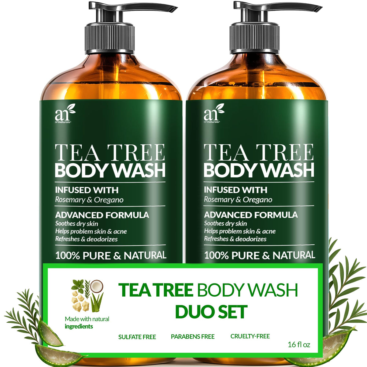 Artnaturals Tea Tree Body Wash bottle for antibacterial cleanse and refreshed skin