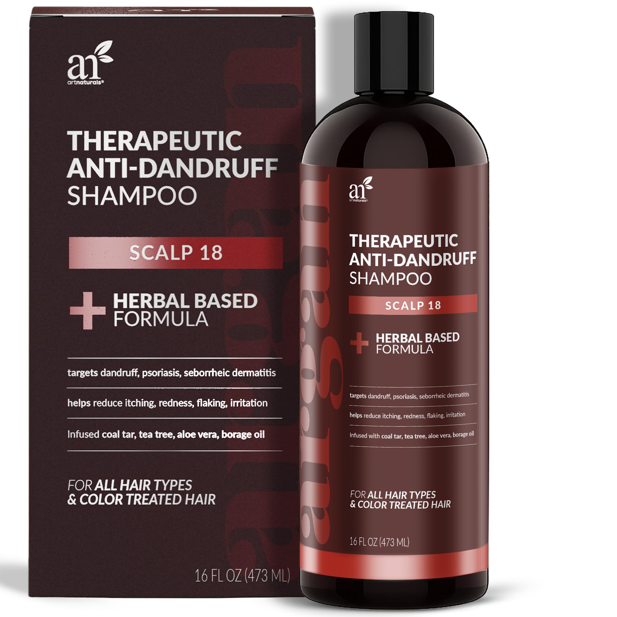 ArtNaturals Therapeutic Argan Shampoo bottle with coal tar formula for scalp comfort.