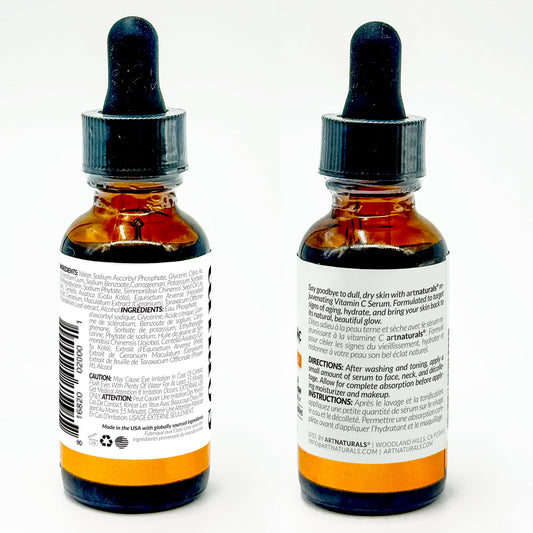 Artnaturals Vitamin C serum bottle with hyaluronic acid for hydrated brightness.