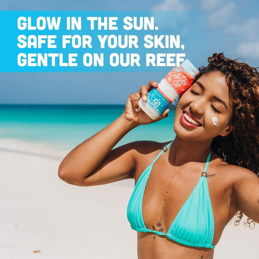 Reef-safe Aruba Sun symbol on packaging.