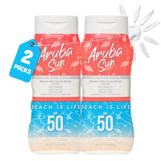 Aruba Sun SPF 50 sunscreen lotion bottle front showing everyday sun protection.