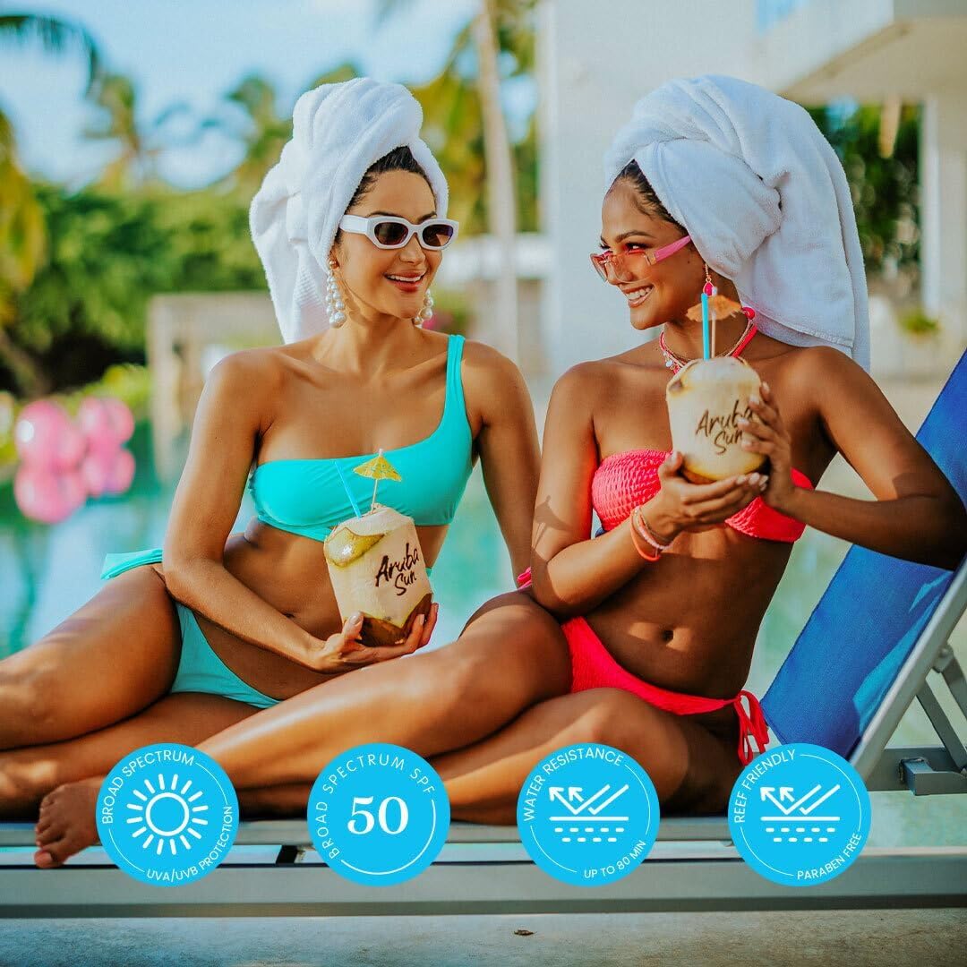 Aruba Sun waterproof sunscreen during activity like swimming or sweating.
