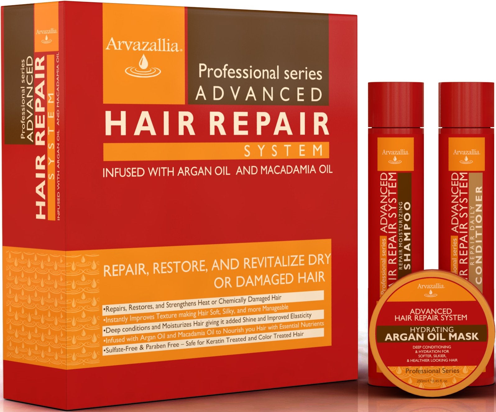 Arvazallia Advanced Hair Repair Shampoo bottle with argan oil for damaged hair