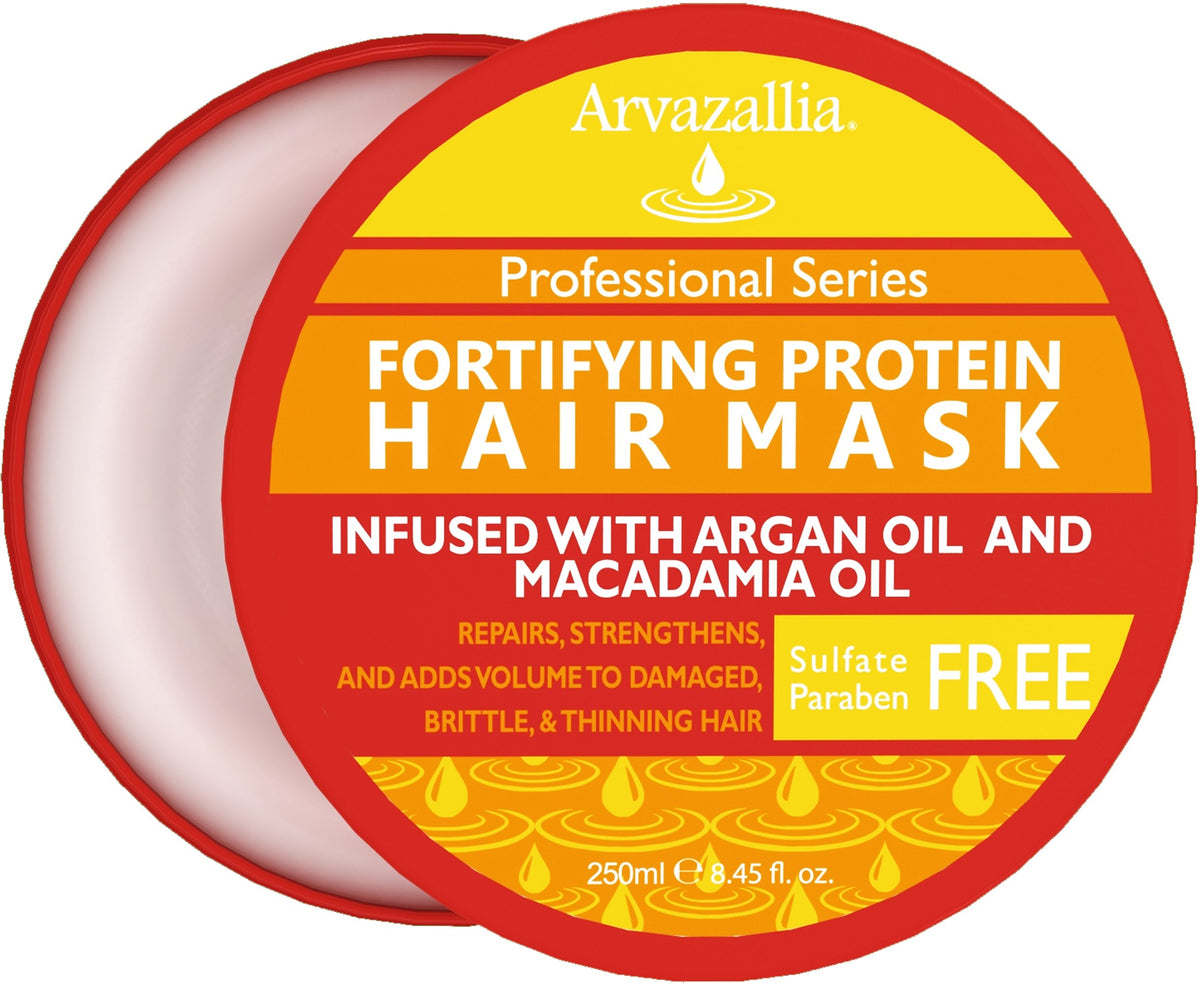 Arvazallia Fortifying Protein Hair Mask bottle highlighting strength and shine