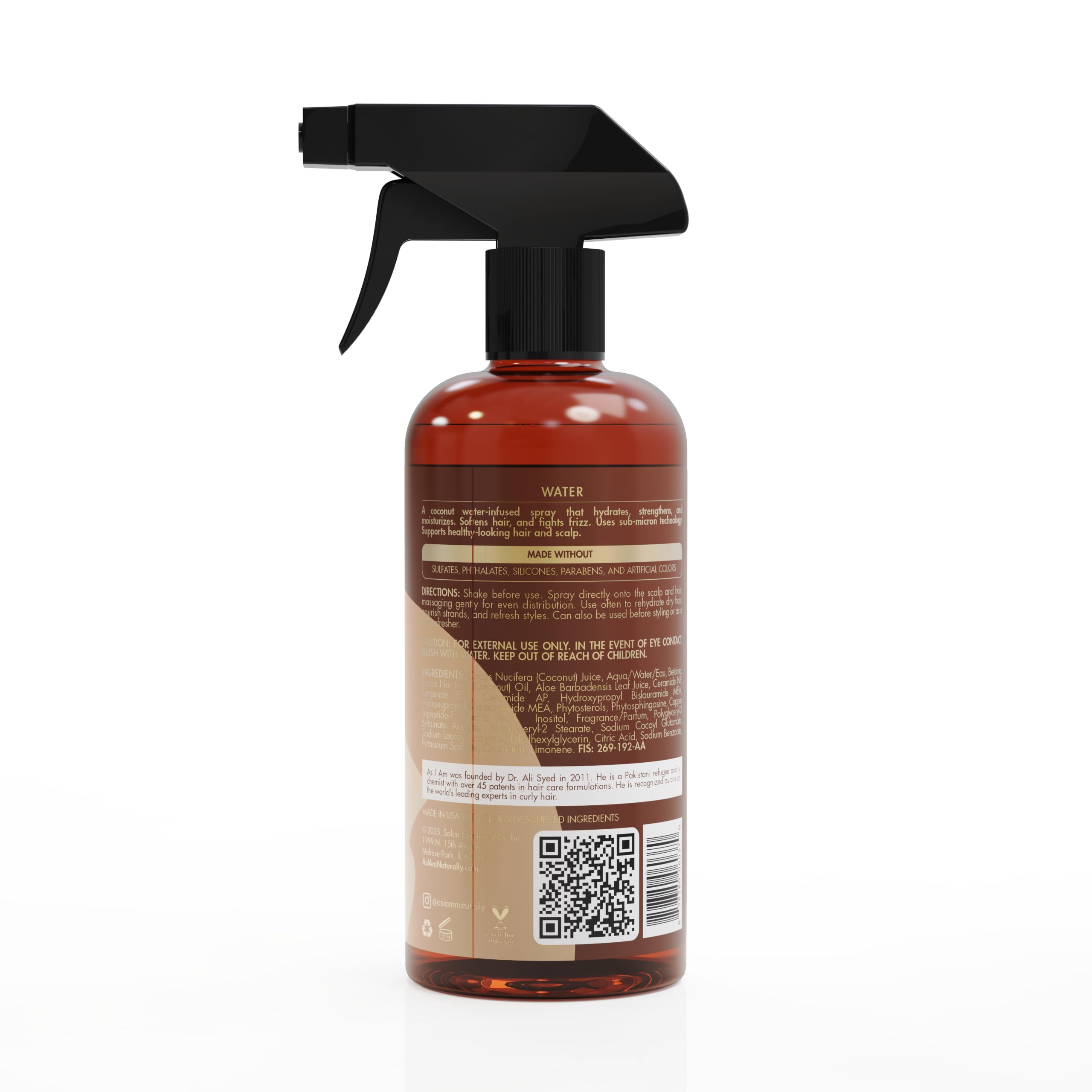 As I Am Coconut Water spray hair-application image showing frizz control and softness.