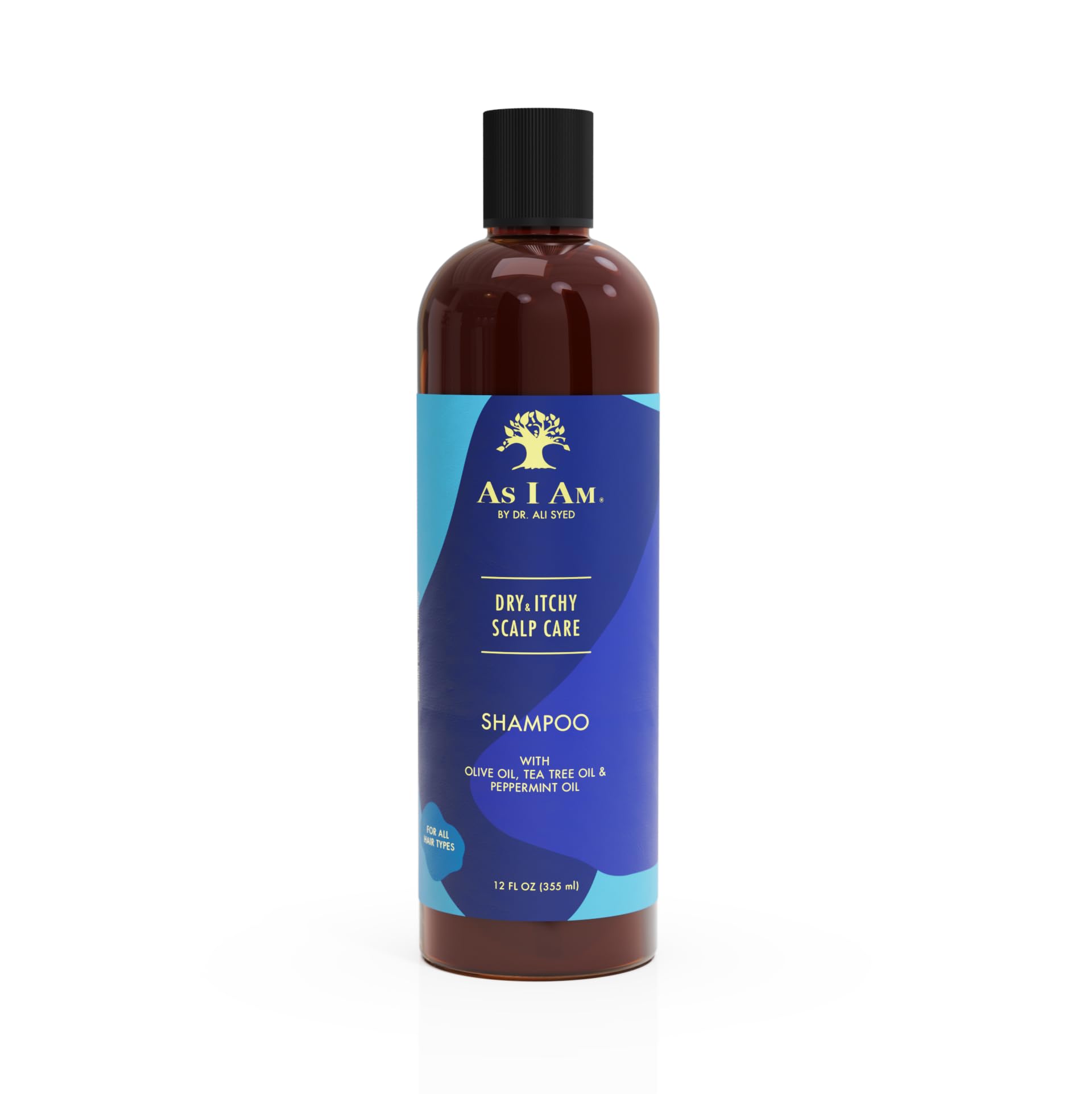 As I Am Dry & Itchy Scalp Care Shampoo bottle pouring to cleanse and moisturize.
