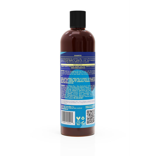 As I Am Dry & Itchy Scalp Care Shampoo label highlighting olive oil and tea tree for scalp.