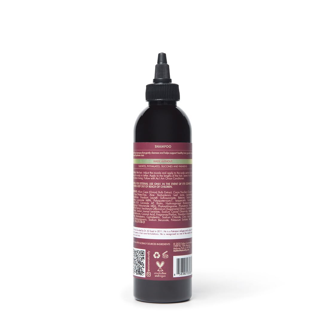 As I Am Onion Shampoo bottle on hair showing easy daily use.