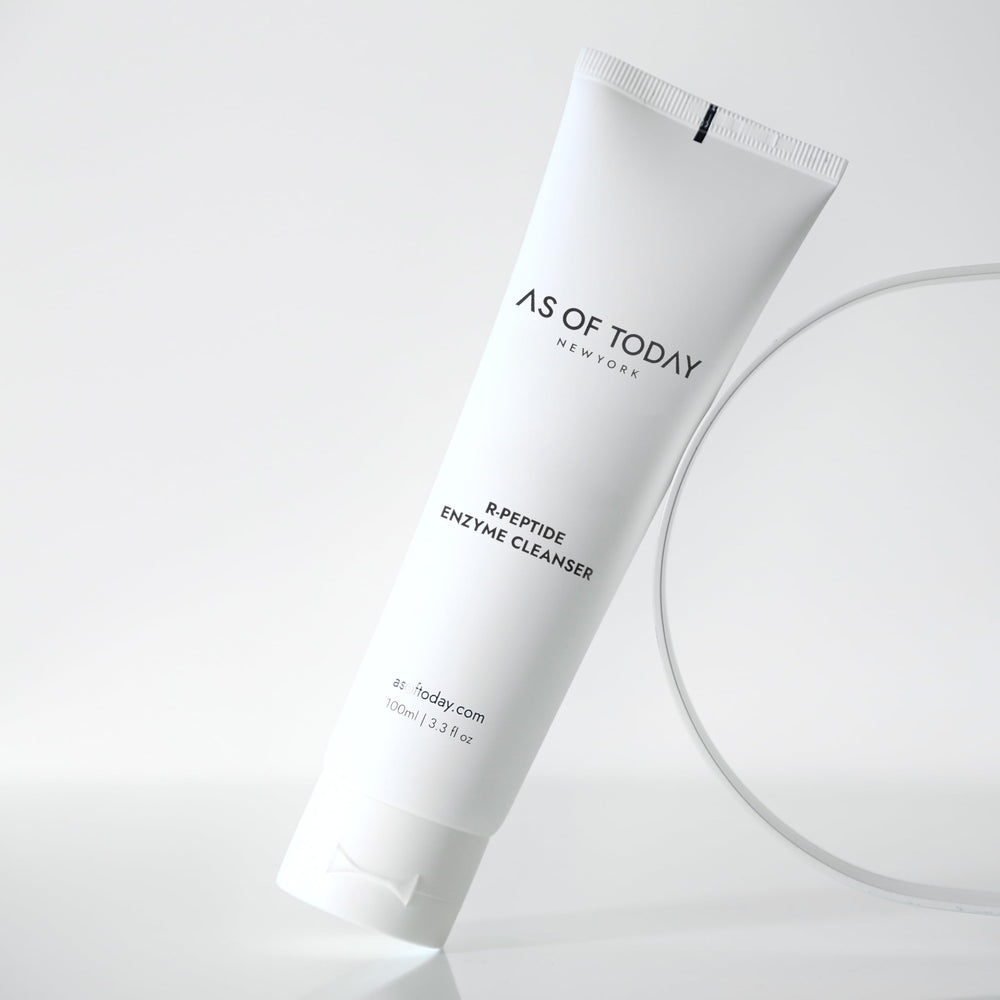 AS OF TODAY R Peptide Enzyme Cleanser bottle pour for simple daily cleansing.