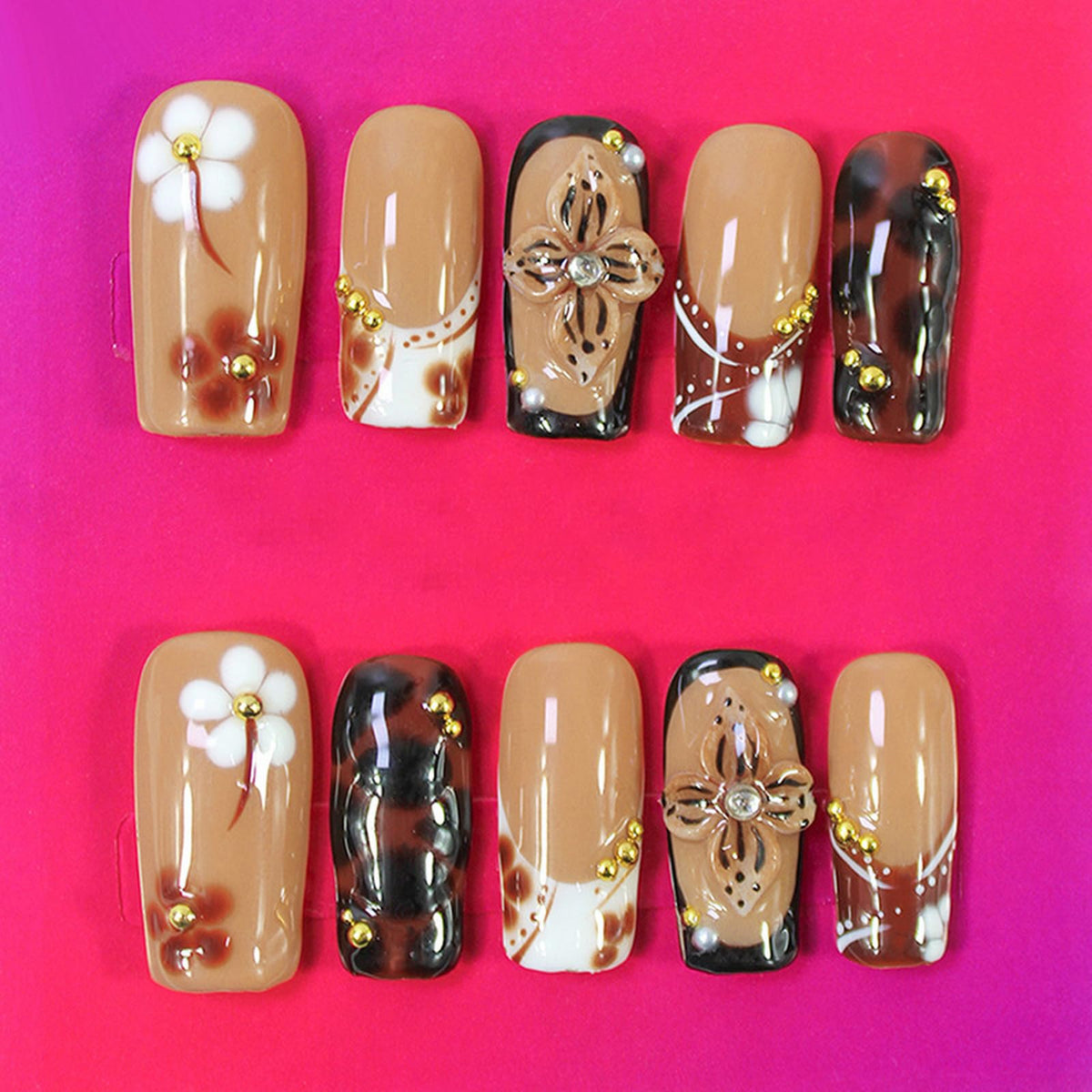 ASABITE 10-piece coffin nails with 3D flower design for elegant wear.
