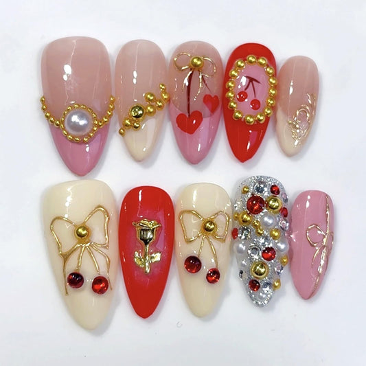 ASABITE Valentines nails with rose and pearl rhinestones for elegant accents