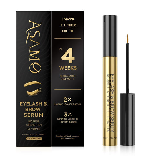 ASAMO eyelash & eyebrow serum bottle for nightly care, supporting natural growth