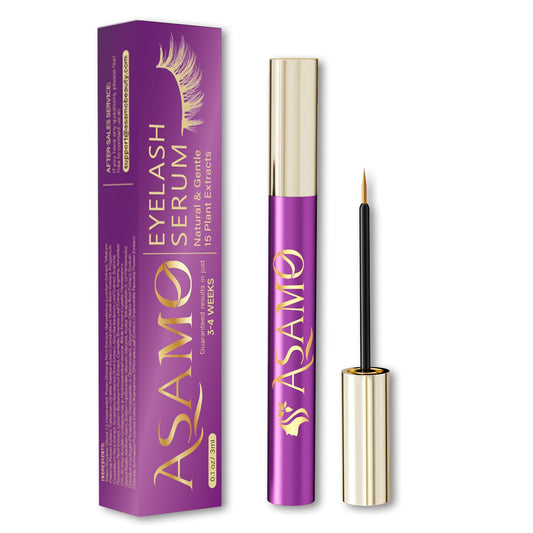 ASAMO Eyelash Growth Serum bottle in gold promotes nourishing lash care.