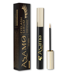ASAMO eyelash serum bottle close-up highlighting 15 plant extracts for nourished lashes.