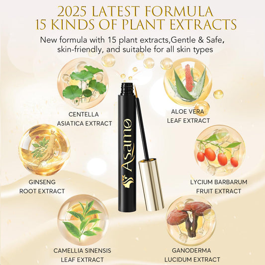 ASAMO eyelash serum bottle close-up showcasing premium black and gold design.