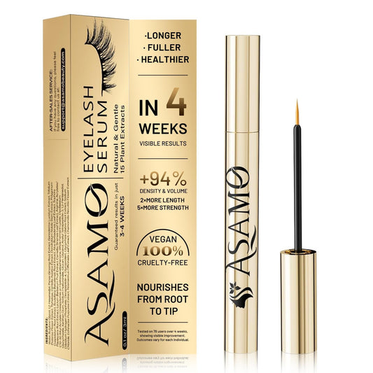 ASAMO Eyelash Serum bottle with golden design for daily lash care.