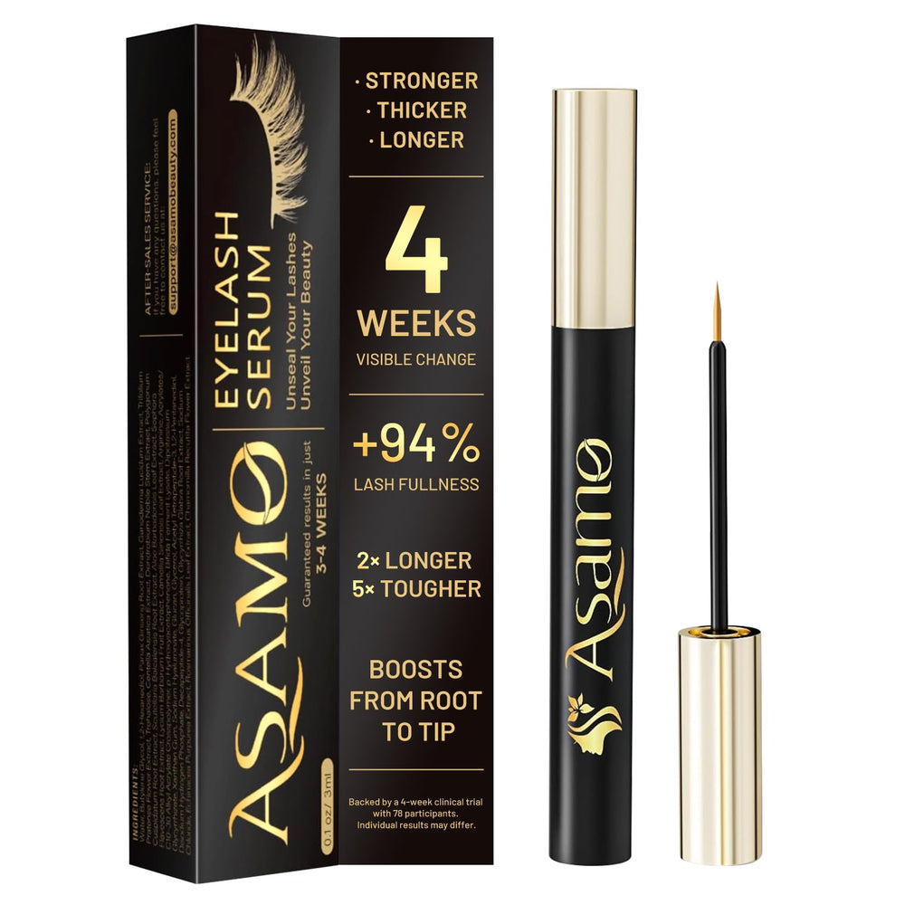ASAMO eyelash serum in a golden bottle for premium lash care.
