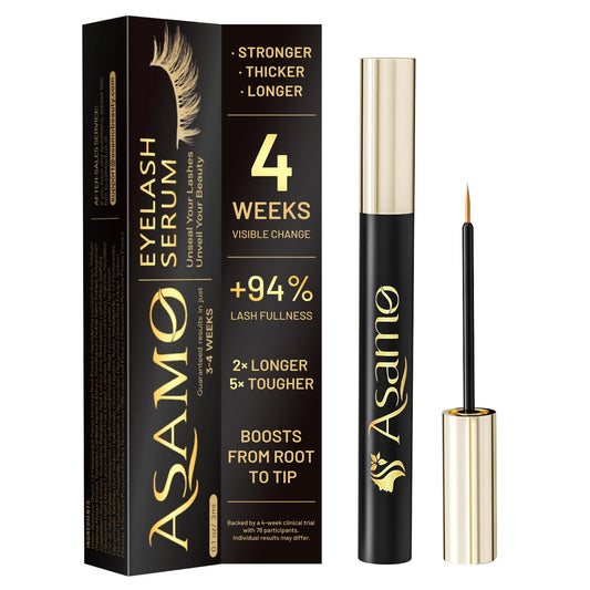 ASAMO eyelash serum in a golden bottle for premium lash care.