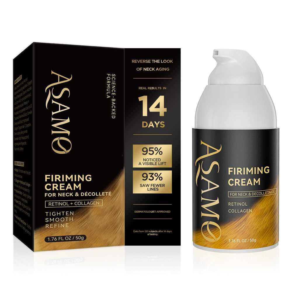 ASAMO firming neck cream bottle showing targeted tightening and hydrating formula