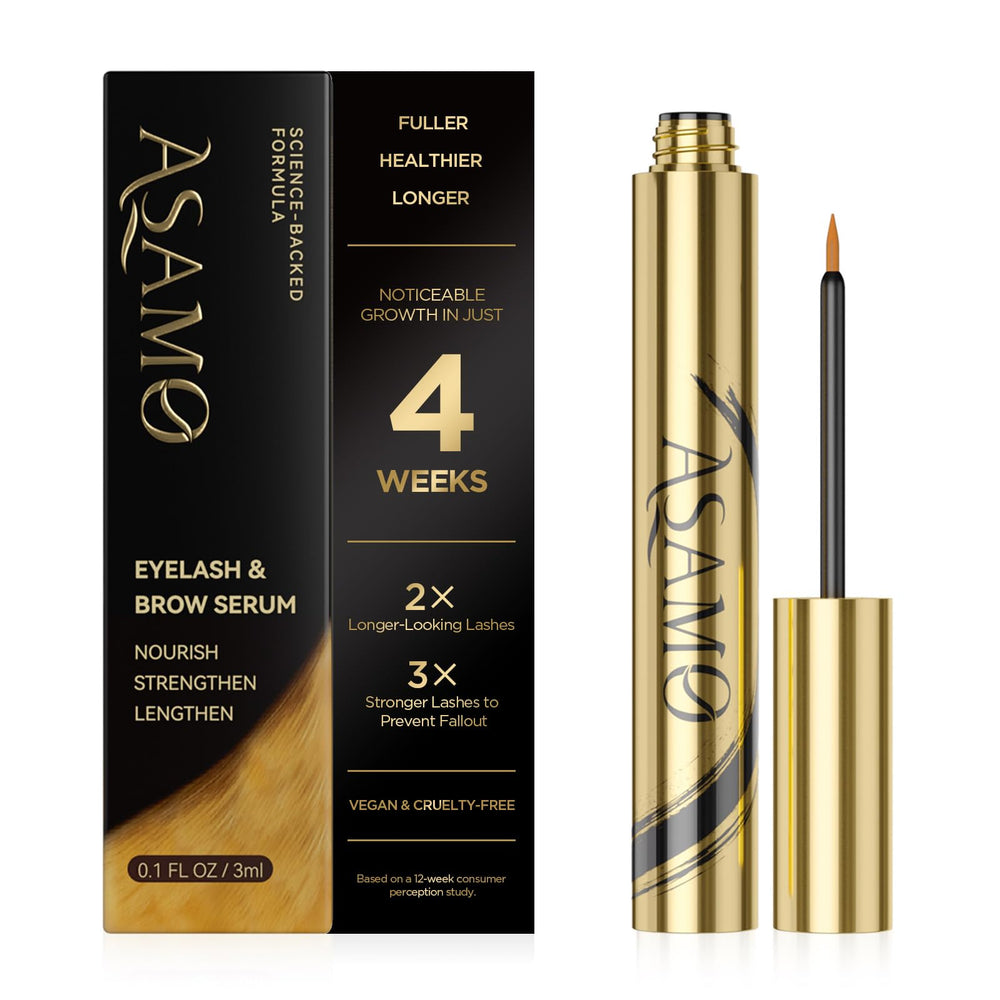 ASAMO Pure Gold eyelash serum bottle for nourishing lashes and brows safely.