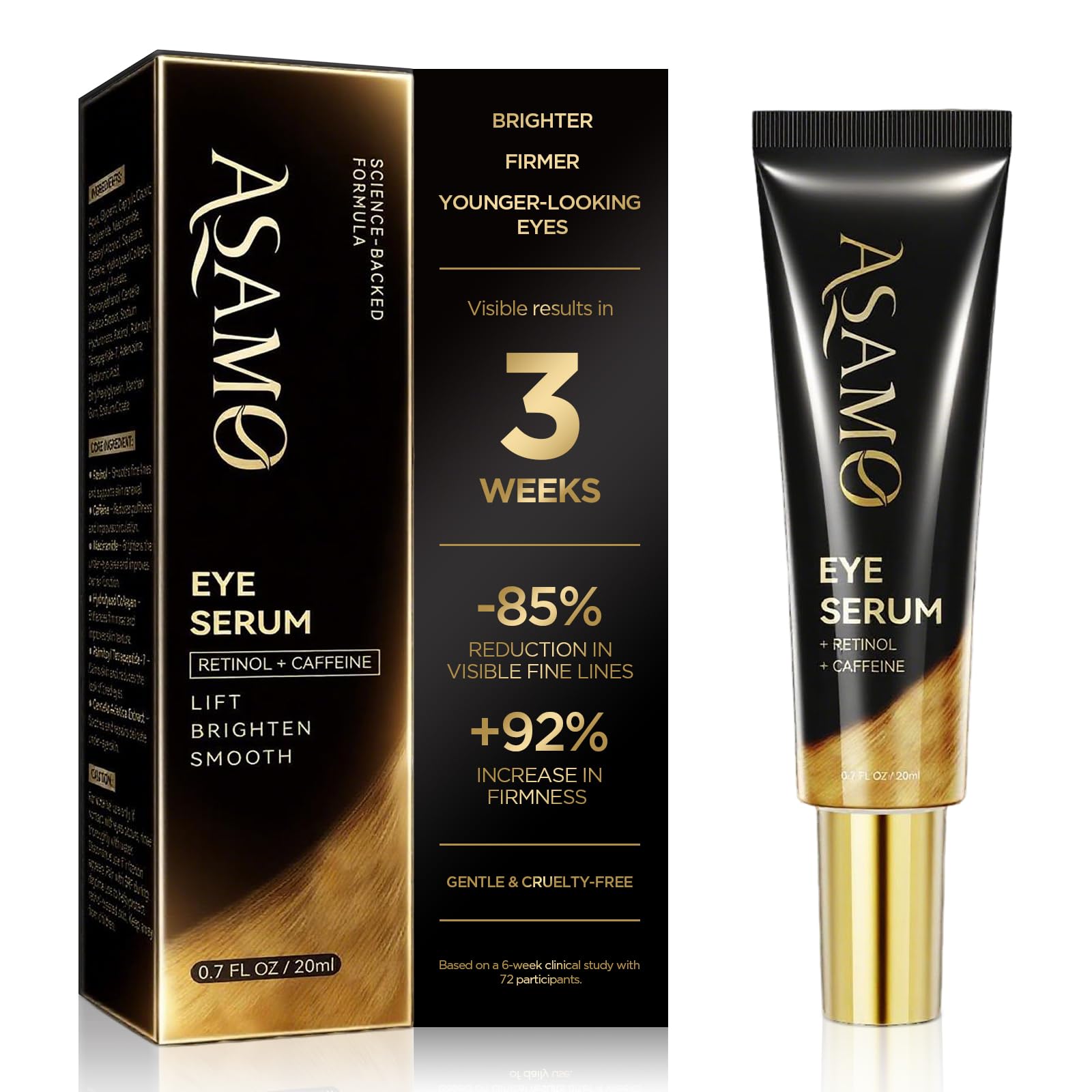 ASAMO Retinol Eye Serum bottle close-up showing firming formula