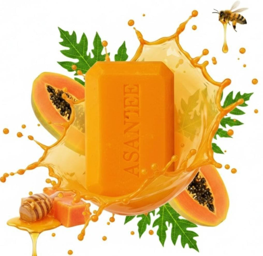ASANTEE Papaya & Honey soap bar closeup showing rich lather for nourished skin.