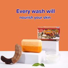 Ingredients show tamarind, goat milk, and turmeric in ASANTEE soap