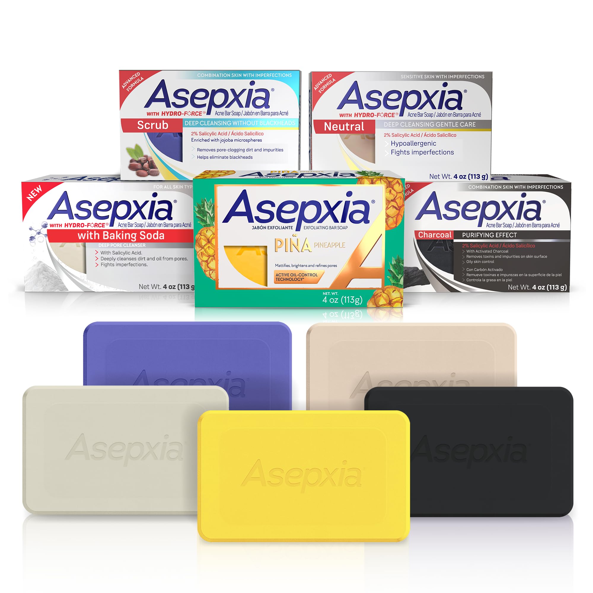 Asepxia variety pack five bars close-up for acne care routine.
