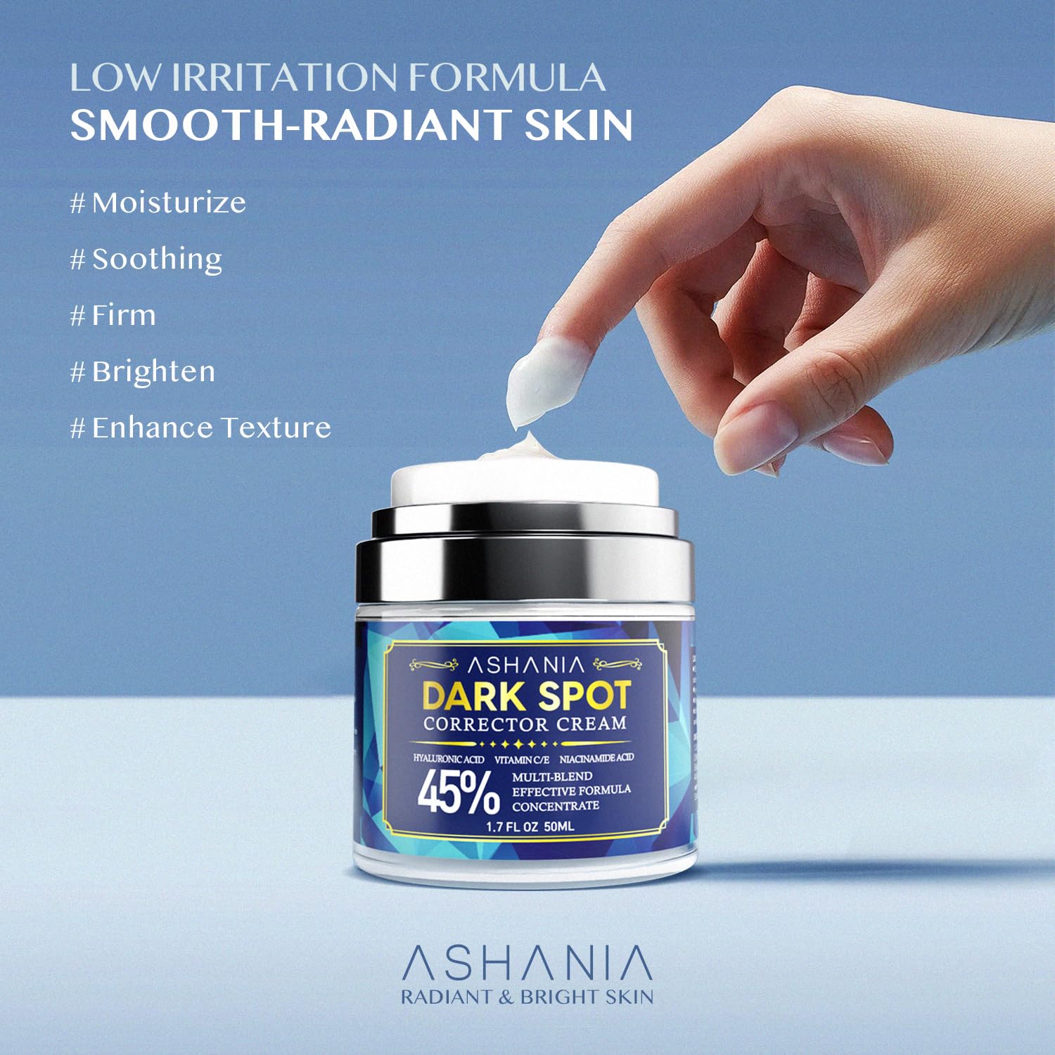 Ashania freckles-melasma-discoloration-softening suggests smoother, more even skin.