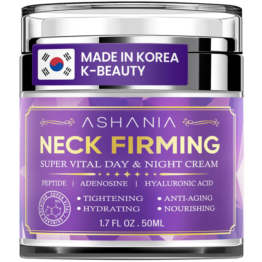 Ashania neckline-firming cream in a pump jar for a visibly lifted neckline.