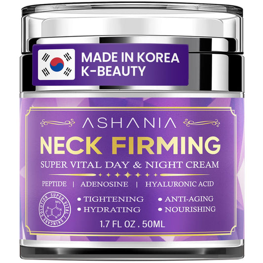 Ashania neckline-firming cream in a pump jar for a visibly lifted neckline.