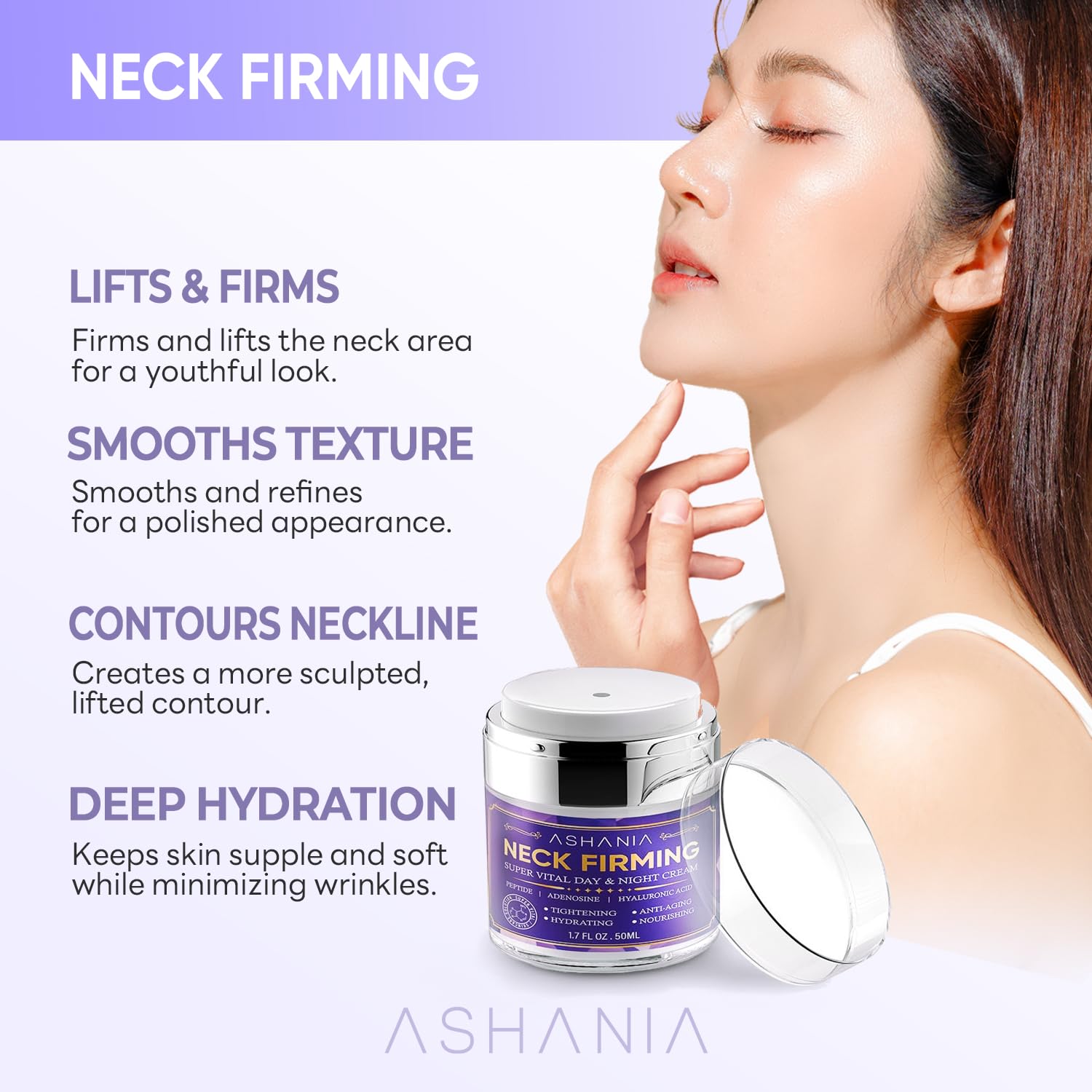 Ashania peptide-adenosine-hyaluronic neck care showing enhanced elasticity.