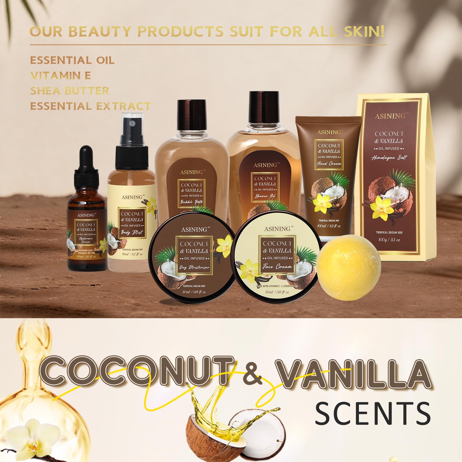 ASINING spa coconut vanilla bottle inviting warm, comforting scent