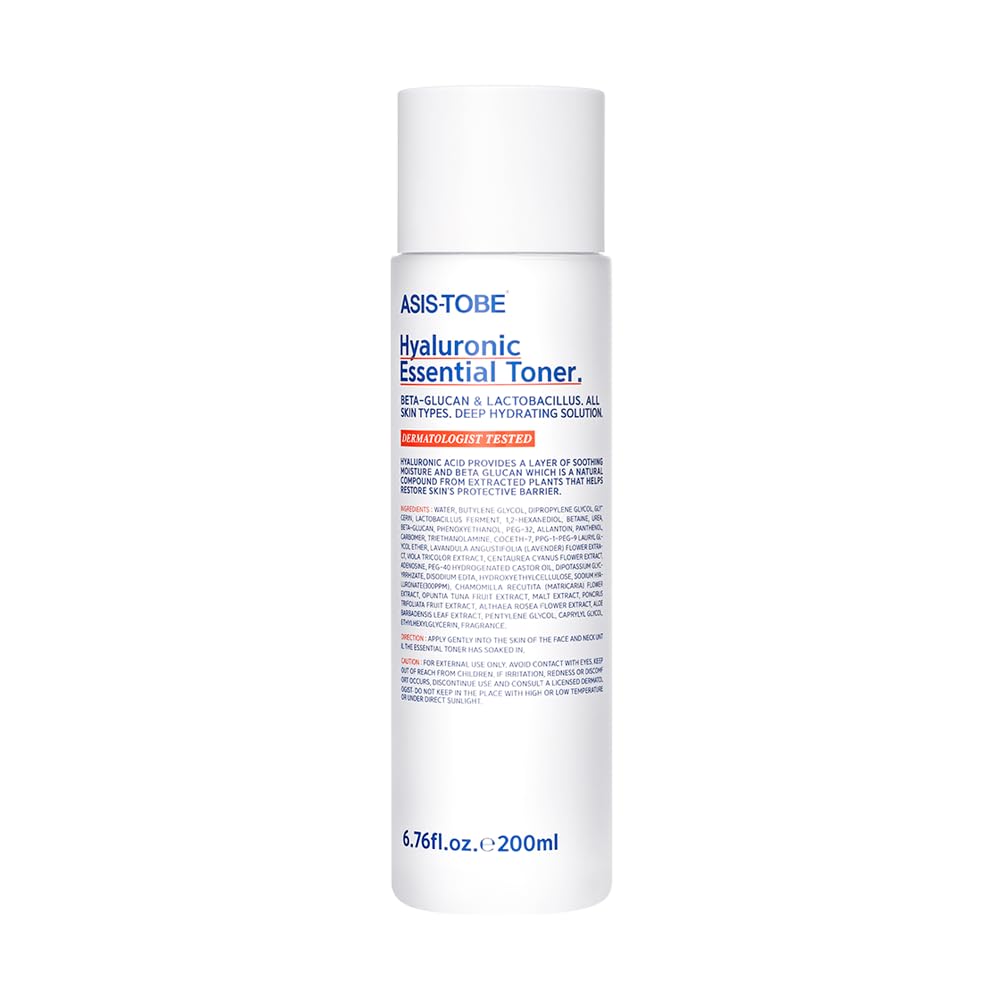 ASIS-TOBE Hyaluronic Essential Toner bottle close-up for hydration.