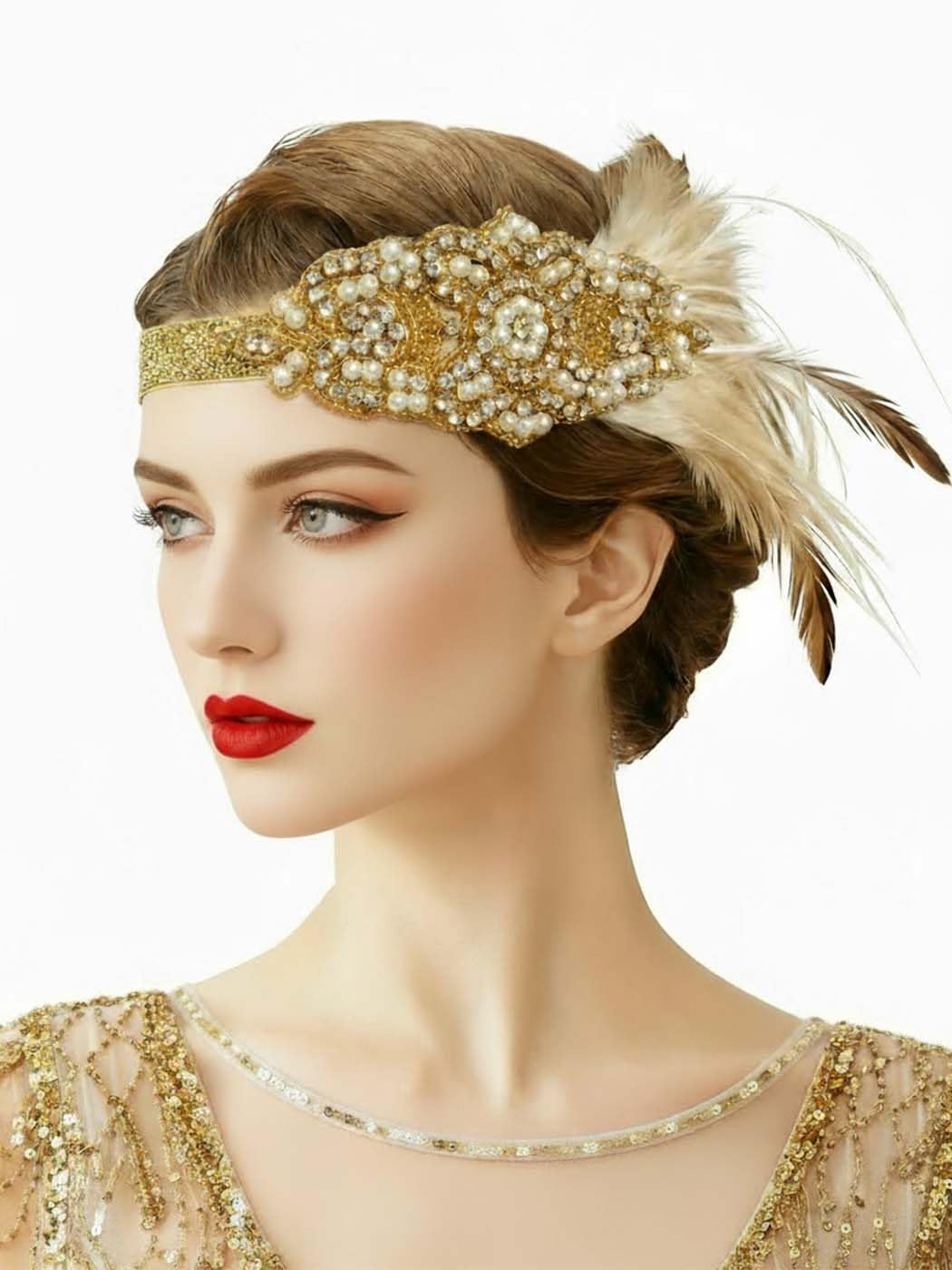 asooll 1920s feather headband with crystals and gold finish, ideal for flapper costumes