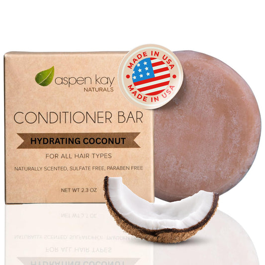 Aspen Kay Naturals conditioner bar packaging showing travel-friendly vegan formula